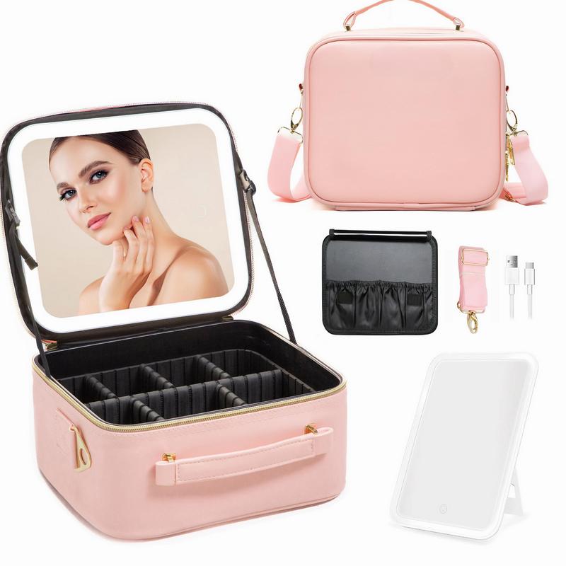 Makeup Bag with LED Mirror, Travel Cosmetic Train Case Organizer,  with Adjustable DIY Dividers, Toiletry Makeup Brushes Storage Case