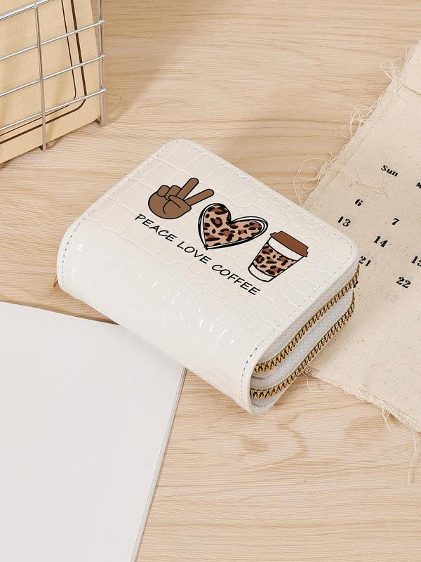 Fashion Leopard Heart & Letter Pattern Card Holder, Casual PU Leather Zipper Short Wallet, Simple Multi Card Holder for Women & Girls