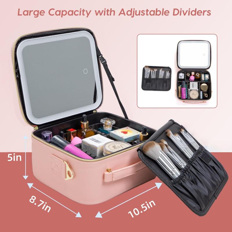 Makeup Bag with LED Mirror, Travel Cosmetic Train Case Organizer,  with Adjustable DIY Dividers, Toiletry Makeup Brushes Storage Case