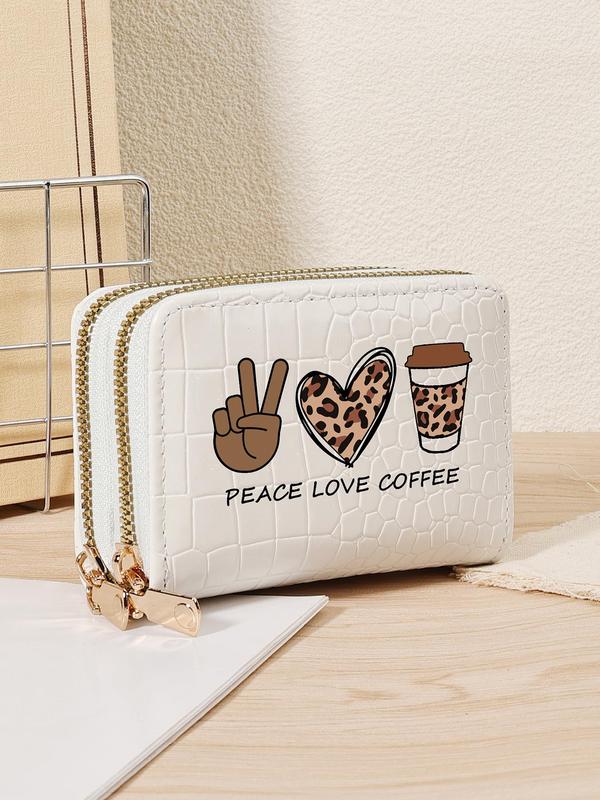 Fashion Leopard Heart & Letter Pattern Card Holder, Casual PU Leather Zipper Short Wallet, Simple Multi Card Holder for Women & Girls