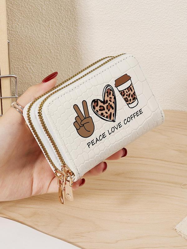 Fashion Leopard Heart & Letter Pattern Card Holder, Casual PU Leather Zipper Short Wallet, Simple Multi Card Holder for Women & Girls