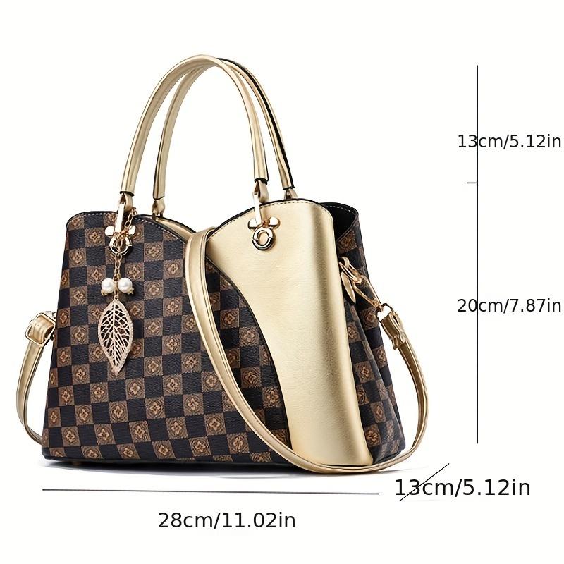 Plaid Printed Handbag For Women, Luxury Color Matching Satchel Purse, Retro Crossbody Bag With Pendant