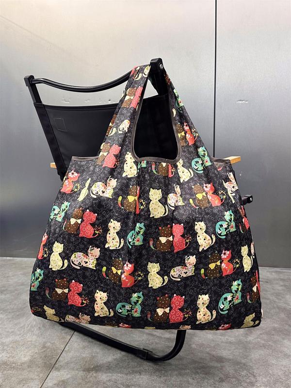 Cartoon Cat Pattern Tote Bag, Large Capacity Shopping Bag, Portable Foldable Lightweight Shopping Bag for Outdoor Camping Travel