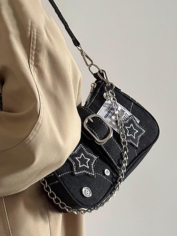 Star & Chain Decor Y2K Baguette Bag, Women's Shoulder Bag, Fashionable Vintage Shoulder Bag for Daily Used, Casual Trendy Versatile High-quality Daily Commuting Bag, Girl Fashionable Shopping Bag