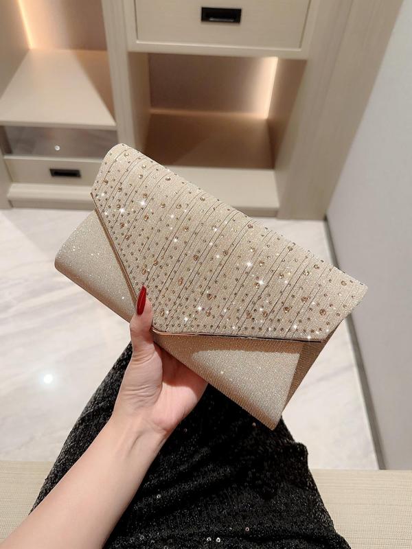 Women's Minimalist Elegant Plain Glitter Evening Bag, Rhinestone Decorated Clutch Purse For Party & Wedding & Dating