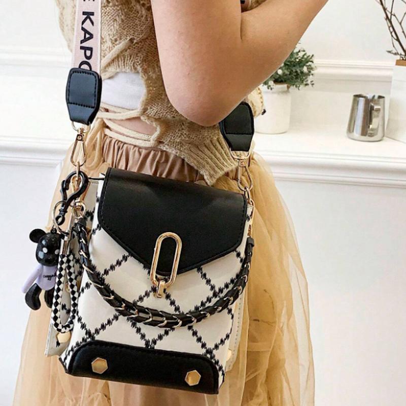 Women Mini Plaid Mobile Phone Bag Mini Rivet Crossbody Bag Fashion Chain Handbag & Purse