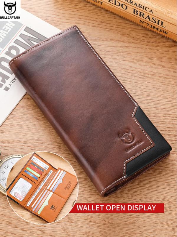 Men's Summer Business Fashion Patchwork Pattern Long Wallet, Vintage Cowhide Zipper Bifold Wallet, Portable Coin Purse for Daily Back To School, Fall Outfits, Earthtone Fall Freshness