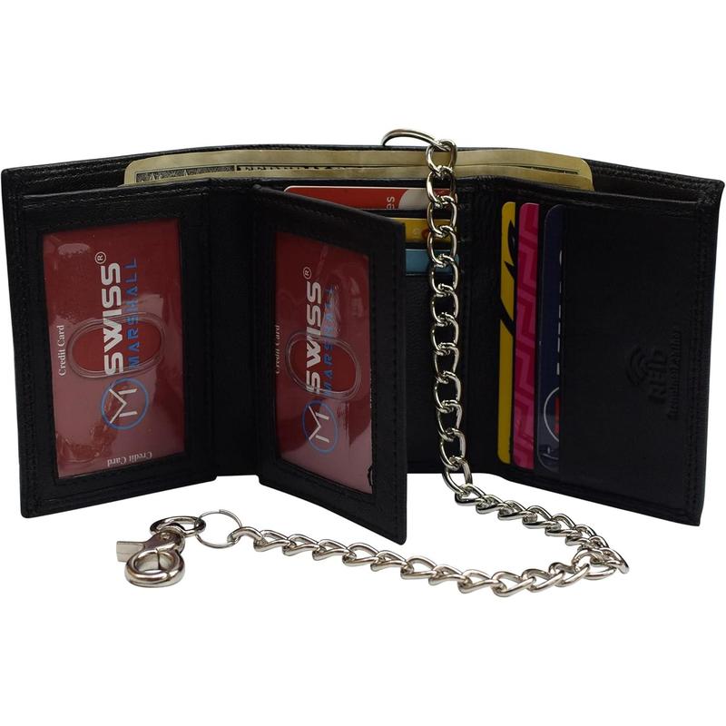 Men's RFID Blocking Premium Leather Chain Trifo Wallet (Black with Chain)