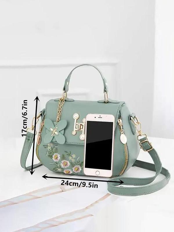 Women's 2024 Summer Fashion Floral Embroidering Faux Pearl Decor Flap Handbag, Elegant Shoulder Bag for Daily Used, Best Gift for Girlfriend