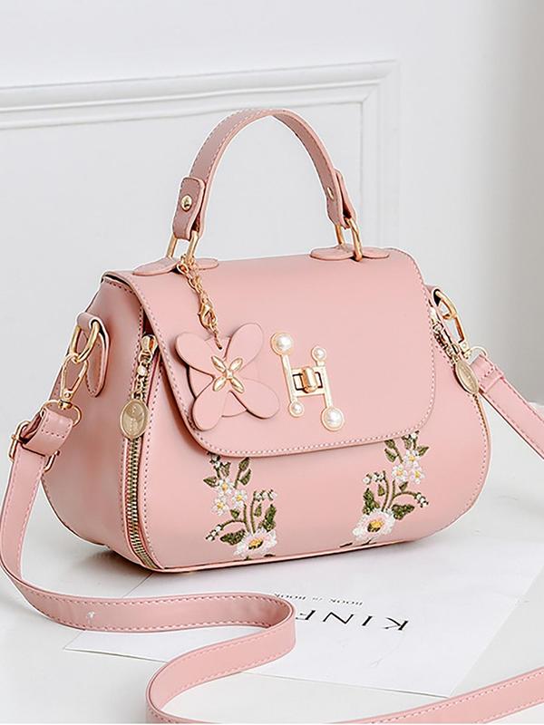 Women's 2024 Summer Fashion Floral Embroidering Faux Pearl Decor Flap Handbag, Elegant Shoulder Bag for Daily Used, Best Gift for Girlfriend