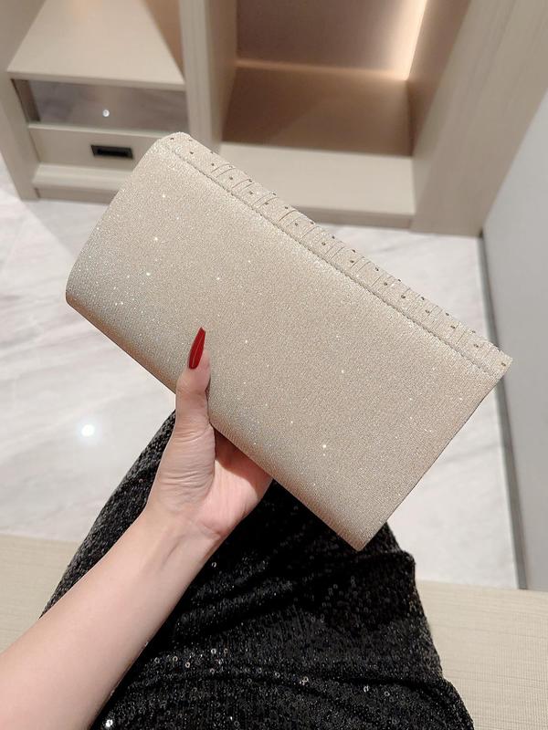 Women's Minimalist Elegant Plain Glitter Evening Bag, Rhinestone Decorated Clutch Purse For Party & Wedding & Dating