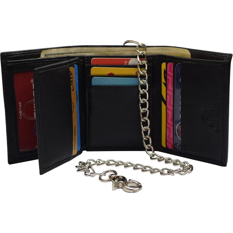 Men's RFID Blocking Premium Leather Chain Trifo Wallet (Black with Chain)