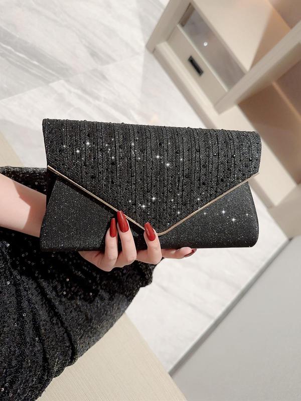 Women's Minimalist Elegant Plain Glitter Evening Bag, Rhinestone Decorated Clutch Purse For Party & Wedding & Dating