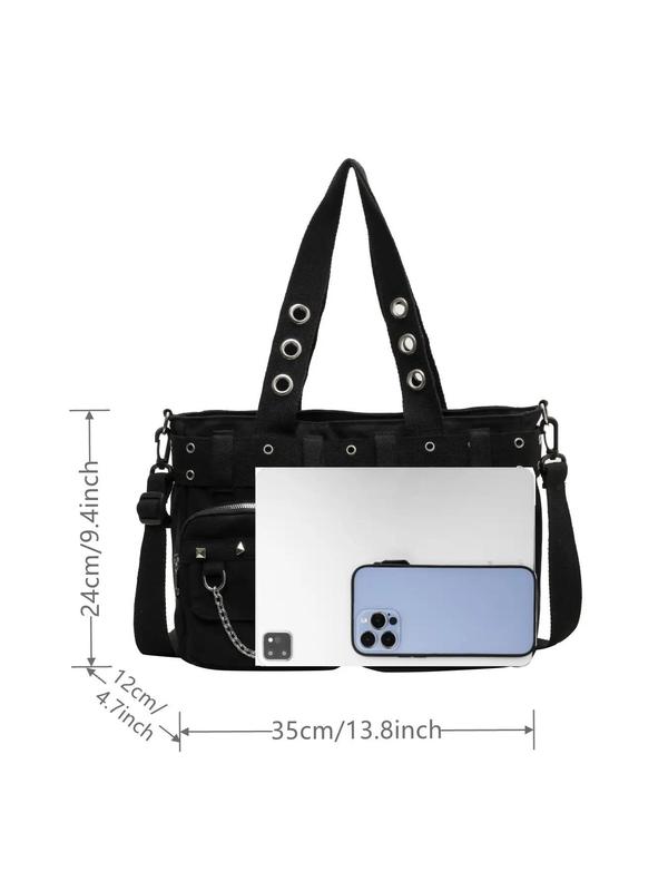 Women's Punk Style Chain Decorated Shoulder Bag, Tote Bags for School, Trendy Rivet & Grommet Eyelet Design Crossbody Bag, Fashionable Bag for Daily Use