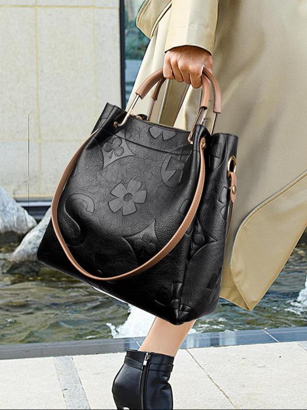 Women's Elegant Temperament Embossed Design Shoulder Bag & Crossbody Bag, Fashionable Large Capacity Tote Bag, Casual Trendy Versatile High-quality Daily Commuting Bag Set