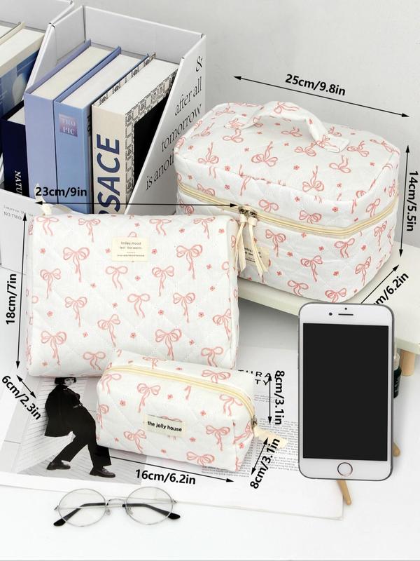 Cute Bow Pattern Makeup Bag Set, Portable Cosmetic Storage Bag, Zipper Makeup Organizer Pouch, Versatile Storage Bag for Travel & Daily Use