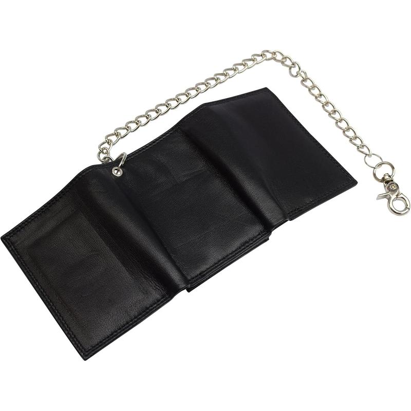 Men's RFID Blocking Premium Leather Chain Trifo Wallet (Black with Chain)