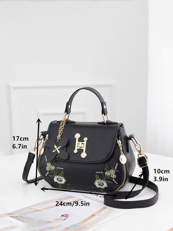 Women's 2024 Summer Fashion Floral Embroidering Faux Pearl Decor Flap Handbag, Elegant Shoulder Bag for Daily Used, Best Gift for Girlfriend