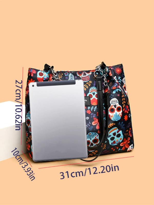 Creative Fashion Skull & Leaf Pattern Tote Bag, Casual Versatile Zipper Shoulder Bag for Women, Trendy All-match Bag for Daily Use