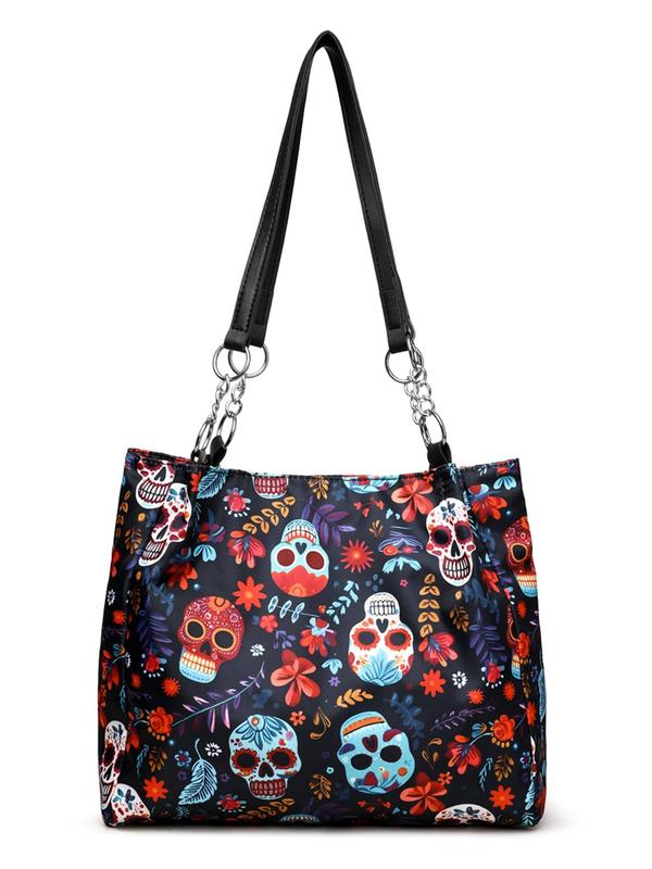 Creative Fashion Skull & Leaf Pattern Tote Bag, Casual Versatile Zipper Shoulder Bag for Women, Trendy All-match Bag for Daily Use