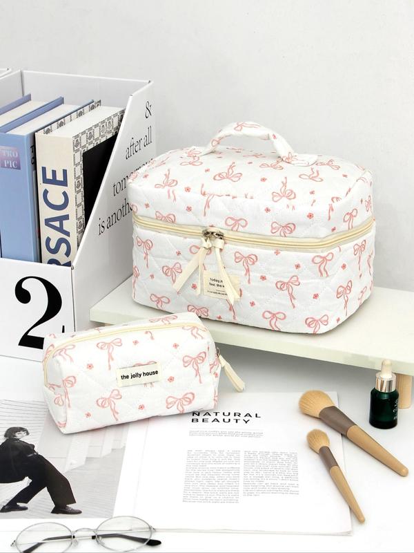 Cute Bow Pattern Makeup Bag Set, Portable Cosmetic Storage Bag, Zipper Makeup Organizer Pouch, Versatile Storage Bag for Travel & Daily Use