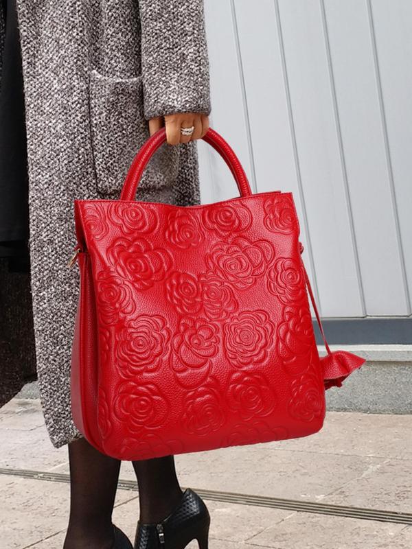 Women's Elegant Flower Embossed Handbag, Fashionable Large Capacity Tote Bag with Flower Charm for Daily Used, Casual Trendy Versatile High-quality Daily Commuting Bag