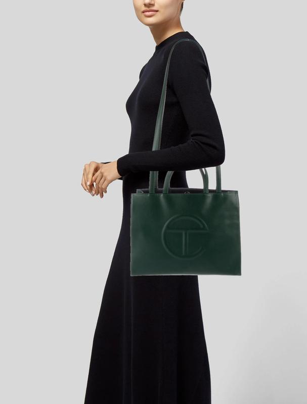 Telfar Medium Shopping Bag - Olive Green Patent with telfar logo