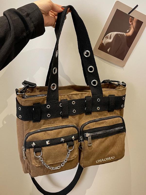 Women's Punk Style Chain Decorated Shoulder Bag, Tote Bags for School, Trendy Rivet & Grommet Eyelet Design Crossbody Bag, Fashionable Bag for Daily Use