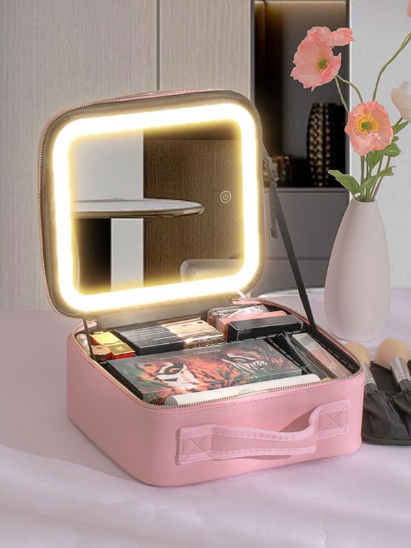 Portable Travel Makeup Bag with Mirror & Light, 3 Color Lighting Cosmetic Organizer, Compact and Stylish Design Makeup Case for Women