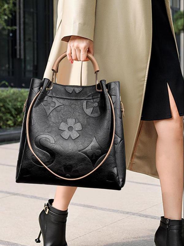 Women's Elegant Temperament Embossed Design Shoulder Bag & Crossbody Bag, Fashionable Large Capacity Tote Bag, Casual Trendy Versatile High-quality Daily Commuting Bag Set