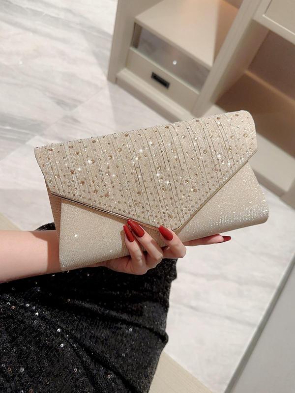 Women's Minimalist Elegant Plain Glitter Evening Bag, Rhinestone Decorated Clutch Purse For Party & Wedding & Dating