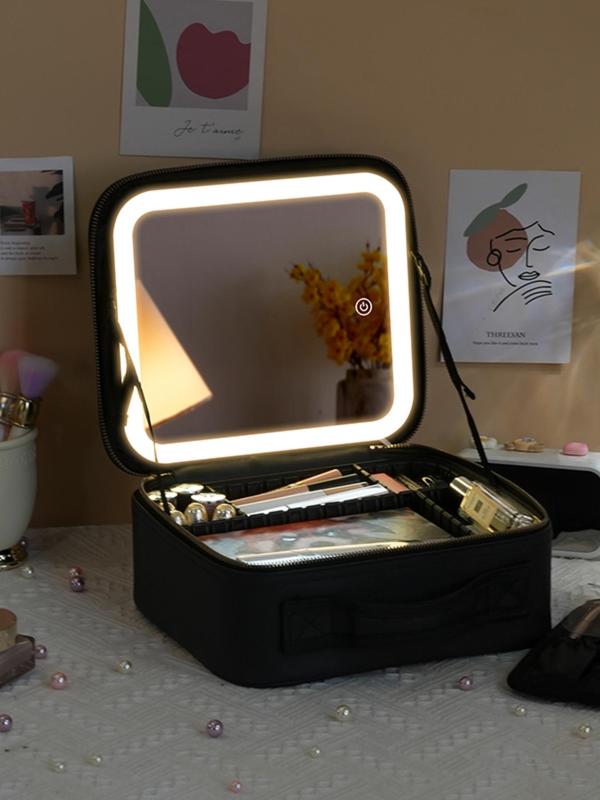 Portable Travel Makeup Bag with Mirror & Light, 3 Color Lighting Cosmetic Organizer, Compact and Stylish Design Makeup Case for Women