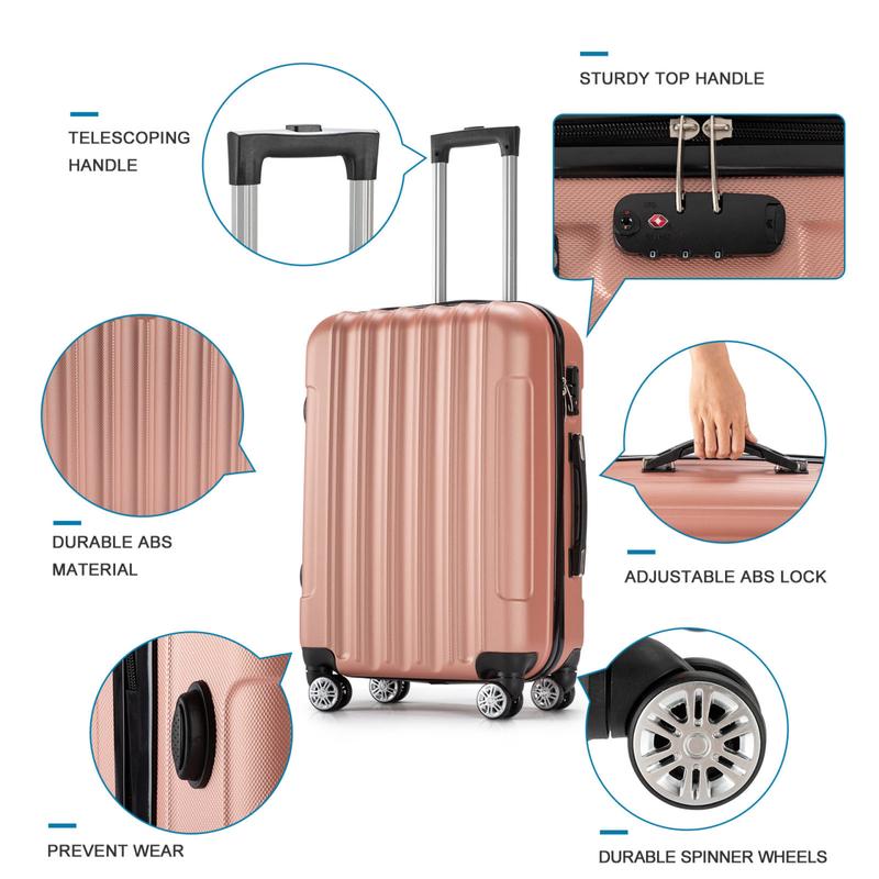 Zimtown 4 Piece Luggage Set, ABS Hard Shell Suitcase Luggage Sets Double Wheels with TSA Lock, Rose Gold