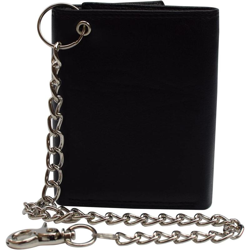 Men's RFID Blocking Premium Leather Chain Trifo Wallet (Black with Chain)