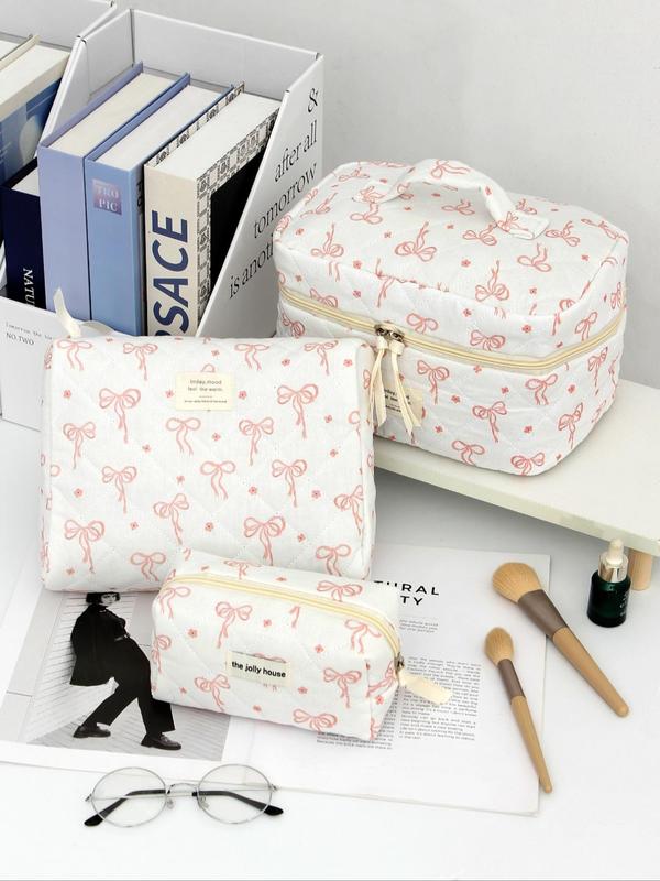 Cute Bow Pattern Makeup Bag Set, Portable Cosmetic Storage Bag, Zipper Makeup Organizer Pouch, Versatile Storage Bag for Travel & Daily Use