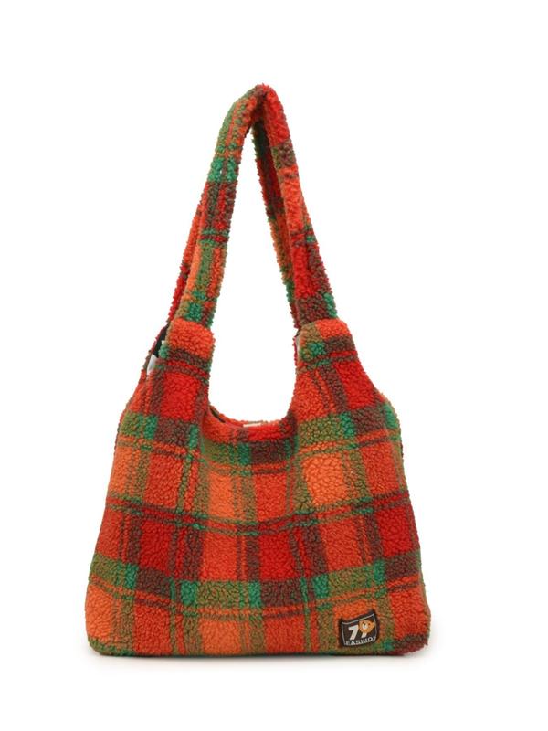 Women's Plaid Pattern Label Patched Design Teddy Faux Fur Tote Bag, Casual Large Capacity Shoulder Bag for Daily Used, Trendy All-match Bag for Commuters and Students