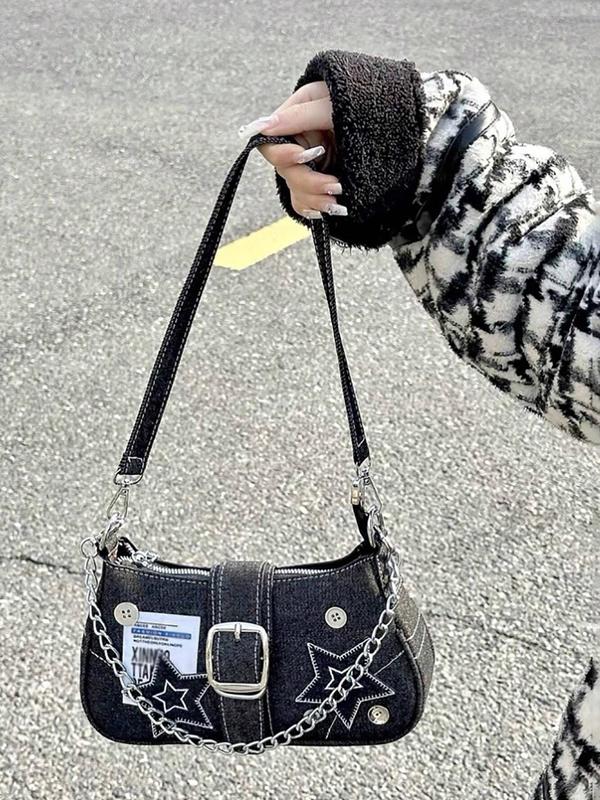 Star & Chain Decor Y2K Baguette Bag, Women's Shoulder Bag, Fashionable Vintage Shoulder Bag for Daily Used, Casual Trendy Versatile High-quality Daily Commuting Bag, Girl Fashionable Shopping Bag