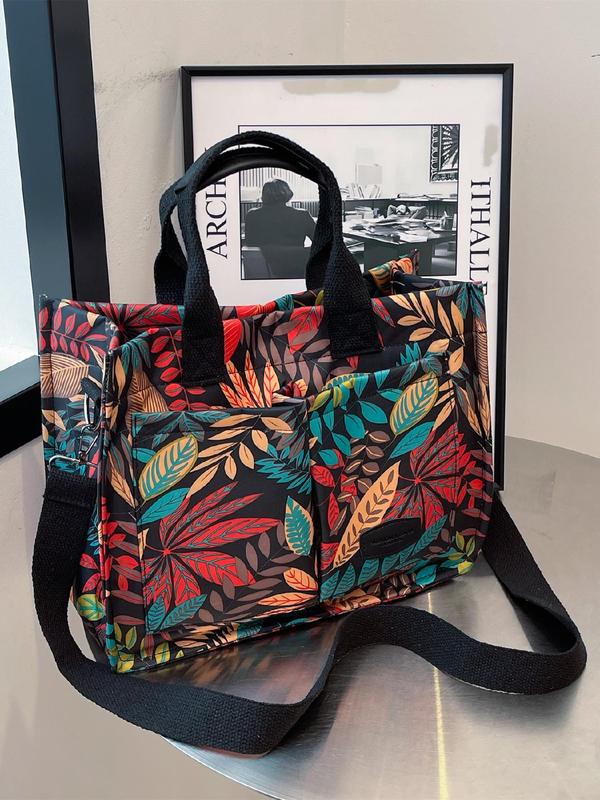 Fashion Floral Pattern Tote Bag, Large Capacity Multi-pocket Crossbody Bag for Women, Casual Trendy Versatile High-quality Daily Commuting Bag, Girl Fashionable Shopping Bag