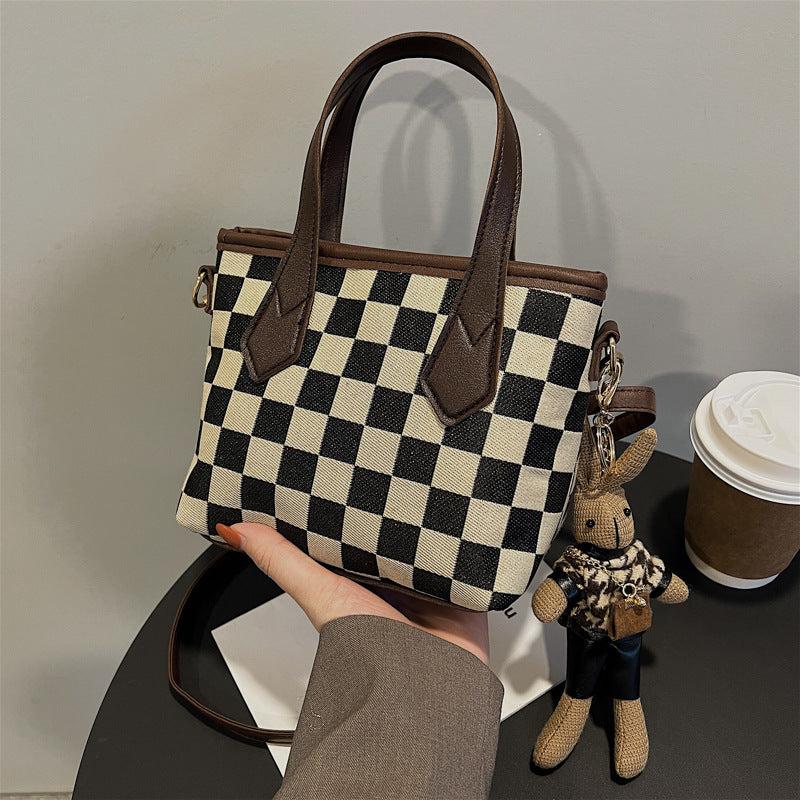 All-match Brown Check Houndstooth Portable Messenger Bag with Pendant and Handle, Nylon Material