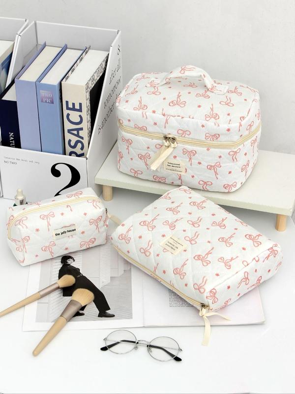 Cute Bow Pattern Makeup Bag Set, Portable Cosmetic Storage Bag, Zipper Makeup Organizer Pouch, Versatile Storage Bag for Travel & Daily Use