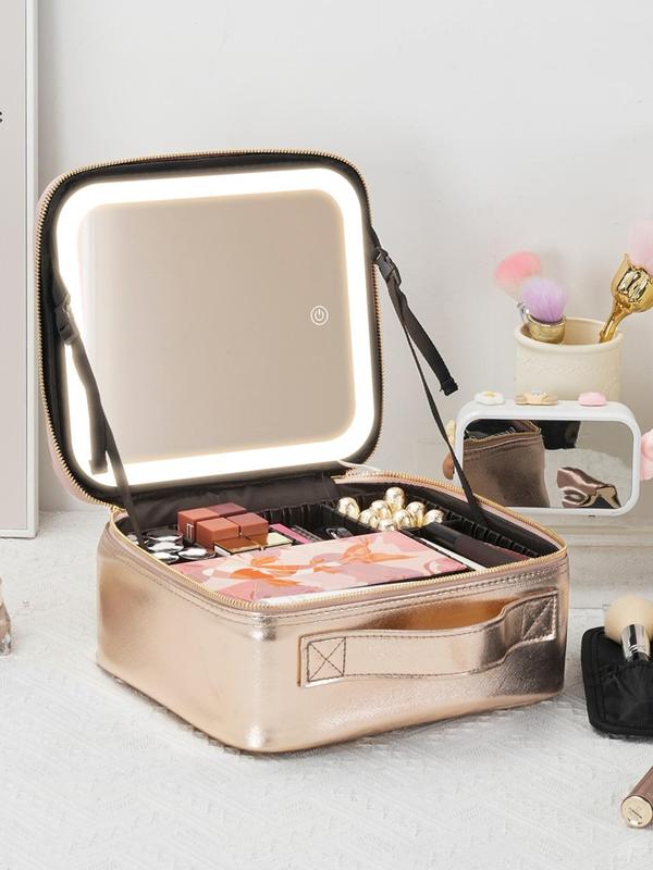 Portable Travel Makeup Bag with Mirror & Light, 3 Color Lighting Cosmetic Organizer, Compact and Stylish Design Makeup Case for Women