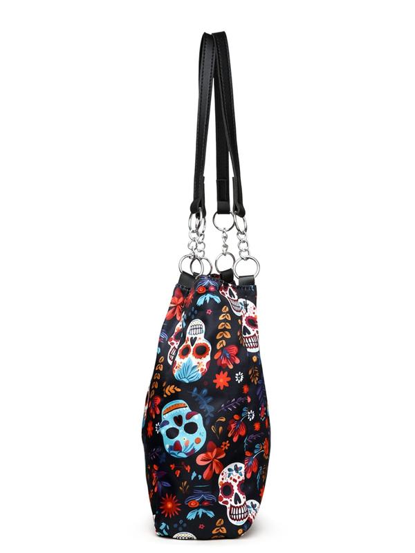 Creative Fashion Skull & Leaf Pattern Tote Bag, Casual Versatile Zipper Shoulder Bag for Women, Trendy All-match Bag for Daily Use