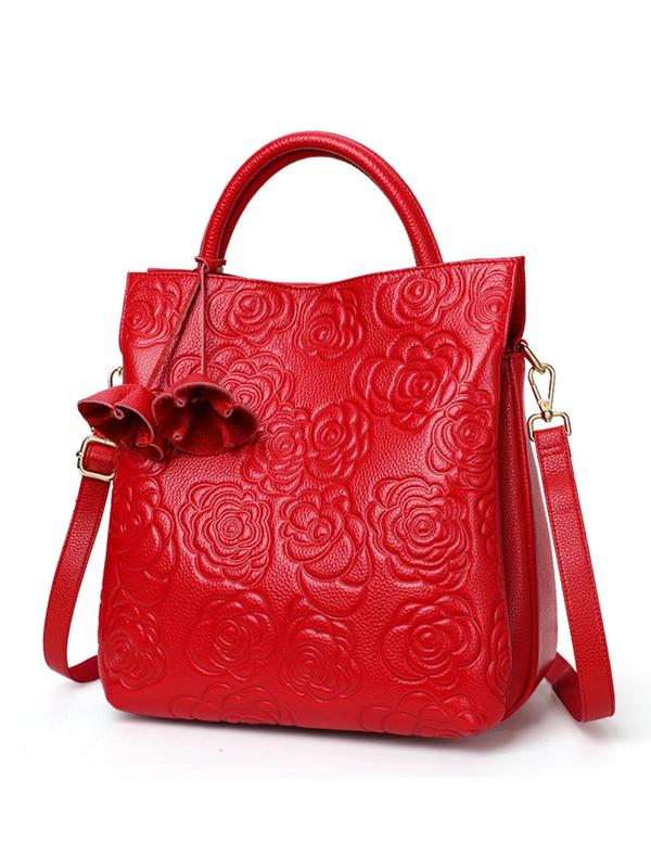 Women's Elegant Flower Embossed Handbag, Fashionable Large Capacity Tote Bag with Flower Charm for Daily Used, Casual Trendy Versatile High-quality Daily Commuting Bag