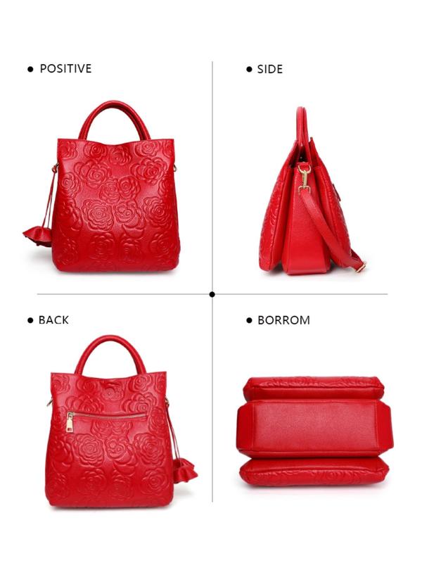 Women's Elegant Flower Embossed Handbag, Fashionable Large Capacity Tote Bag with Flower Charm for Daily Used, Casual Trendy Versatile High-quality Daily Commuting Bag