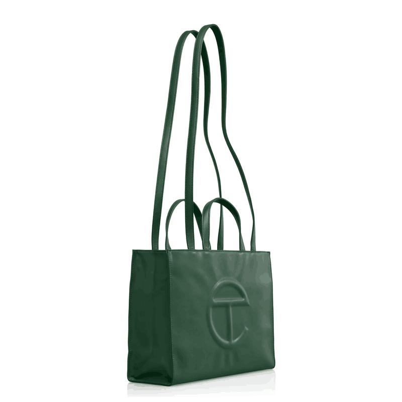 Telfar Medium Shopping Bag - Olive Green Patent with telfar logo