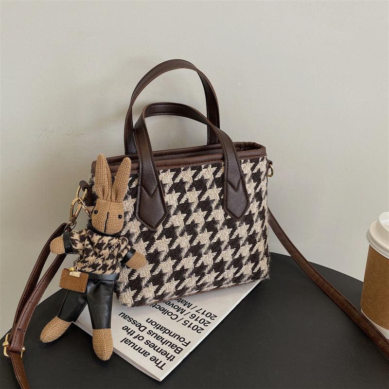 All-match Brown Check Houndstooth Portable Messenger Bag with Pendant and Handle, Nylon Material