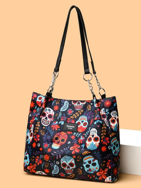 Creative Fashion Skull & Leaf Pattern Tote Bag, Casual Versatile Zipper Shoulder Bag for Women, Trendy All-match Bag for Daily Use