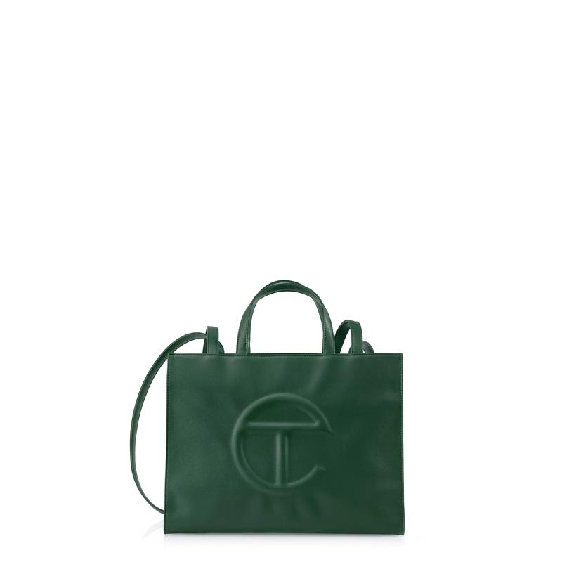 Telfar Medium Shopping Bag - Olive Green Patent with telfar logo