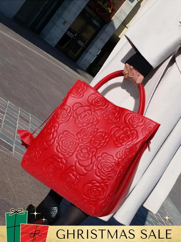 Women's Elegant Flower Embossed Handbag, Fashionable Large Capacity Tote Bag with Flower Charm for Daily Used, Casual Trendy Versatile High-quality Daily Commuting Bag