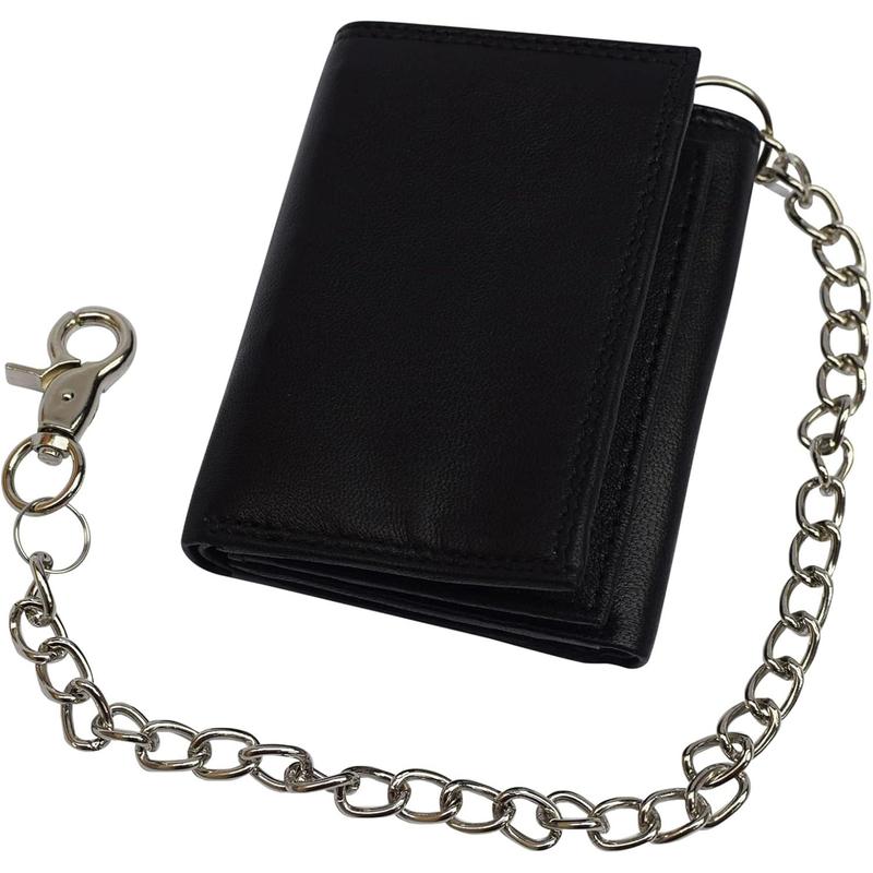 Men's RFID Blocking Premium Leather Chain Trifo Wallet (Black with Chain)